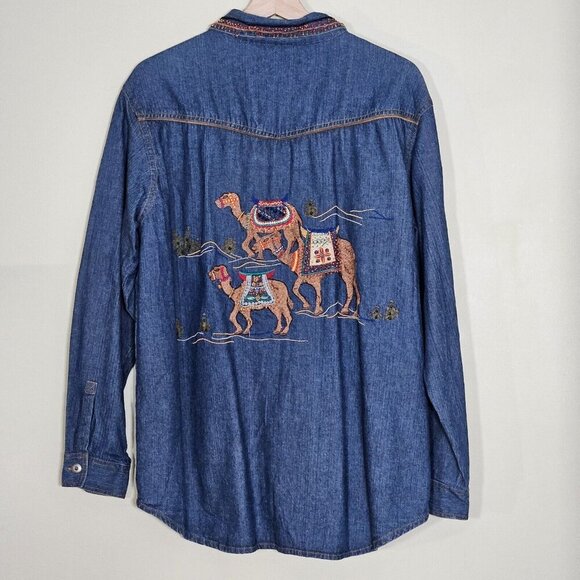 Chico's Design Shirt Womens 2 / L Denim Zip Embellished Embroidery LS Cotton VTG - Picture 2 of 16